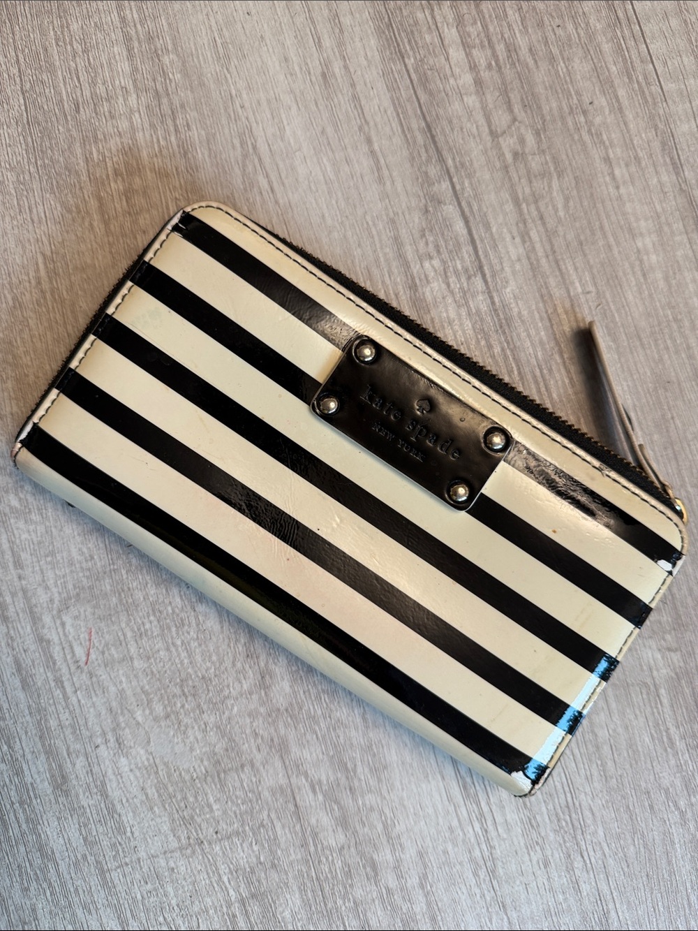 kate spade Black White Striped Zip Around Wallet